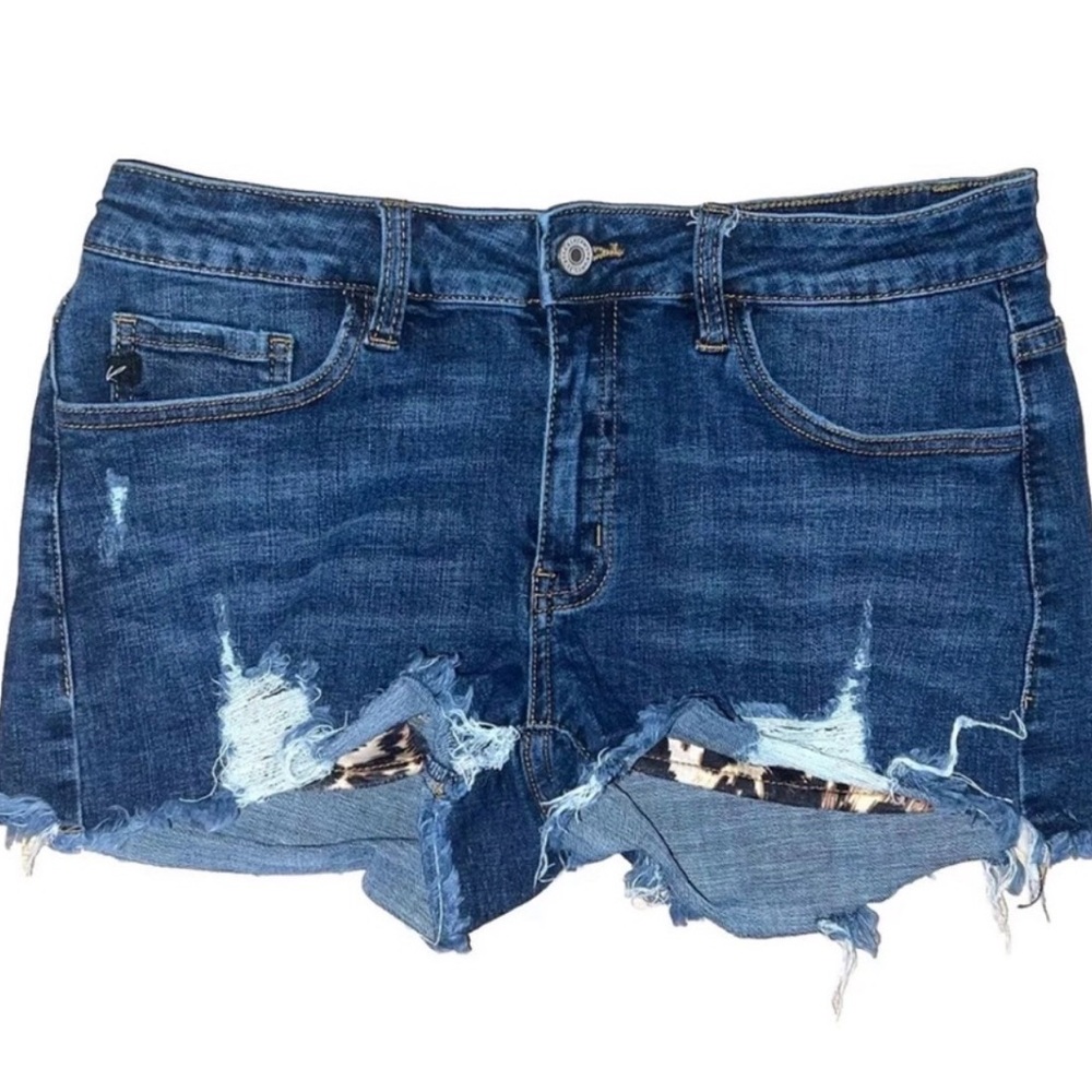 Kancan Mid Rise Leopard Pocket Frayed Distressed Denim Jean Shorts Sz L / 30